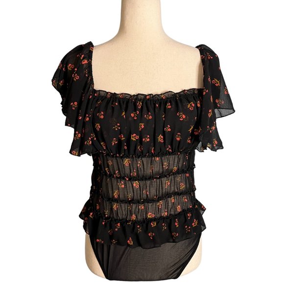 Intimately Free People Black Sheer Floral Ruffle Square Neck Bodysuit Sz Large - Picture 3 of 6